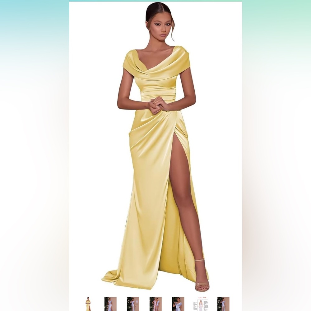 Prom Evening Formal Dress Yellow Satin, with Slit, Off The Shoulder Corset